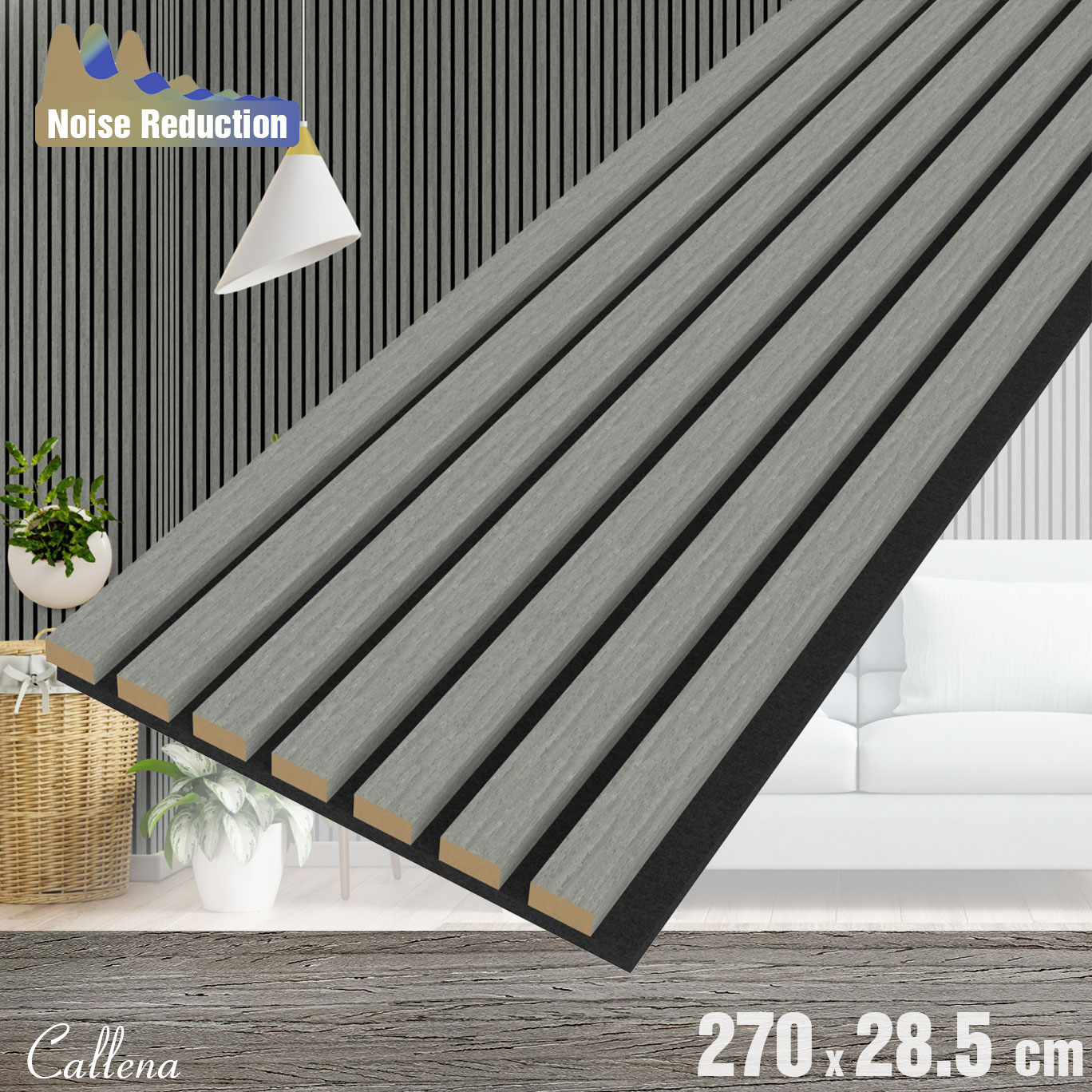 Riflaj decorativ acustic, MDF, furnir, pasla, panou riflaj lemn de perete, interior, living, hol, frasin gri, Riflaj Gri Antracit, 2700x285mm, 0.77 m², Callena