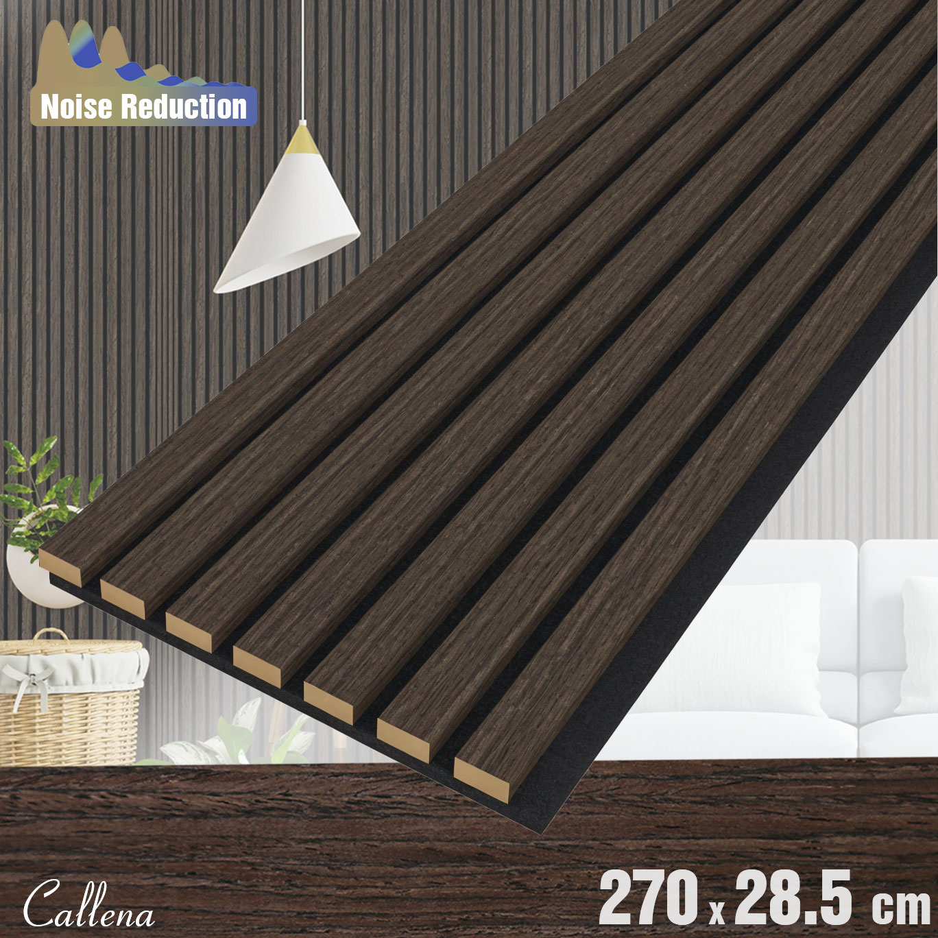 Riflaj decorativ acustic, MDF, furnir, pasla, panou riflaj lemn de perete, interior, living, hol, nuc, Riflaj Maro Inchis, 2700x285mm, 0.77 m², Callena