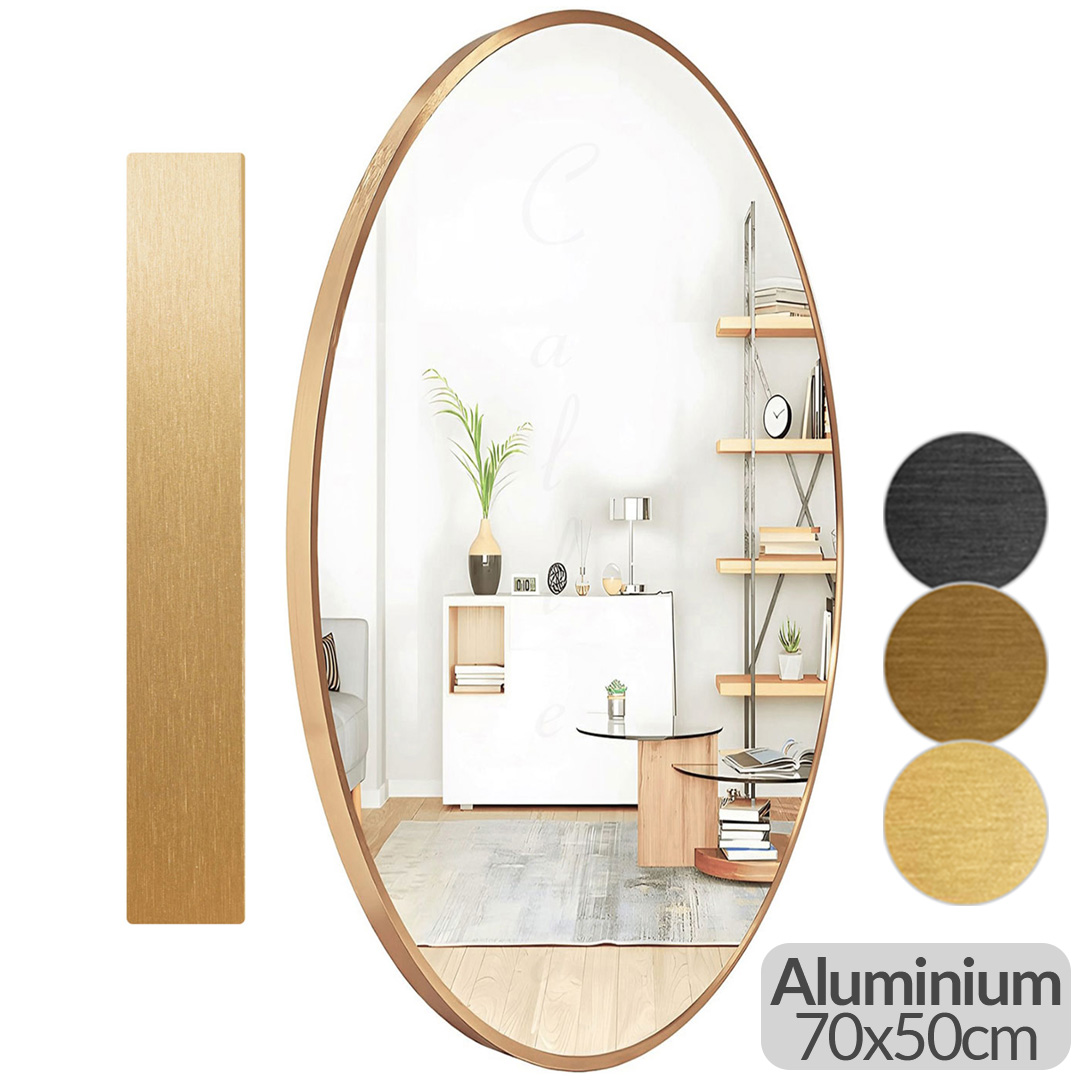 Oglinda ovala cu rama Aurie,  70x50cm,  oglinda de perete, decorativa, pentru hol, living, baie, rama din aluminiu, Callena
