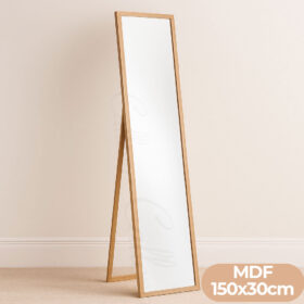 Oglinda cu picior de podea, cu rama lemn natur, 150x30cm, MDF, verticala, cu suport, pentru hol, living, Callena
