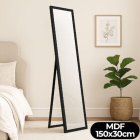 Oglinda cu picior de podea, cu rama neagra, 150x30cm, MDF, verticala, cu suport, pentru hol, living, Callena