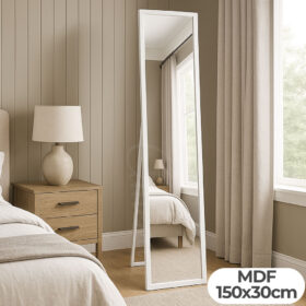 Oglinda cu picior de podea, cu rama alba, 150x30cm, MDF, verticala, cu suport, pentru hol, living, Callena