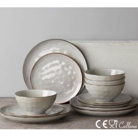 Set vesela, serviciu de masa cu 12 farfurii si boluri din ceramica, farfurii vintage, gri cu margini maro - aurii, Callena Belle Époque