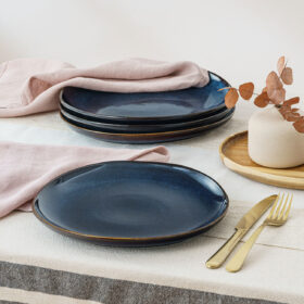 Set 4 farfurii intinse, farfurii ceramica glazurata albastra, 26x24.5 cm, Callena Golden Eclipse
