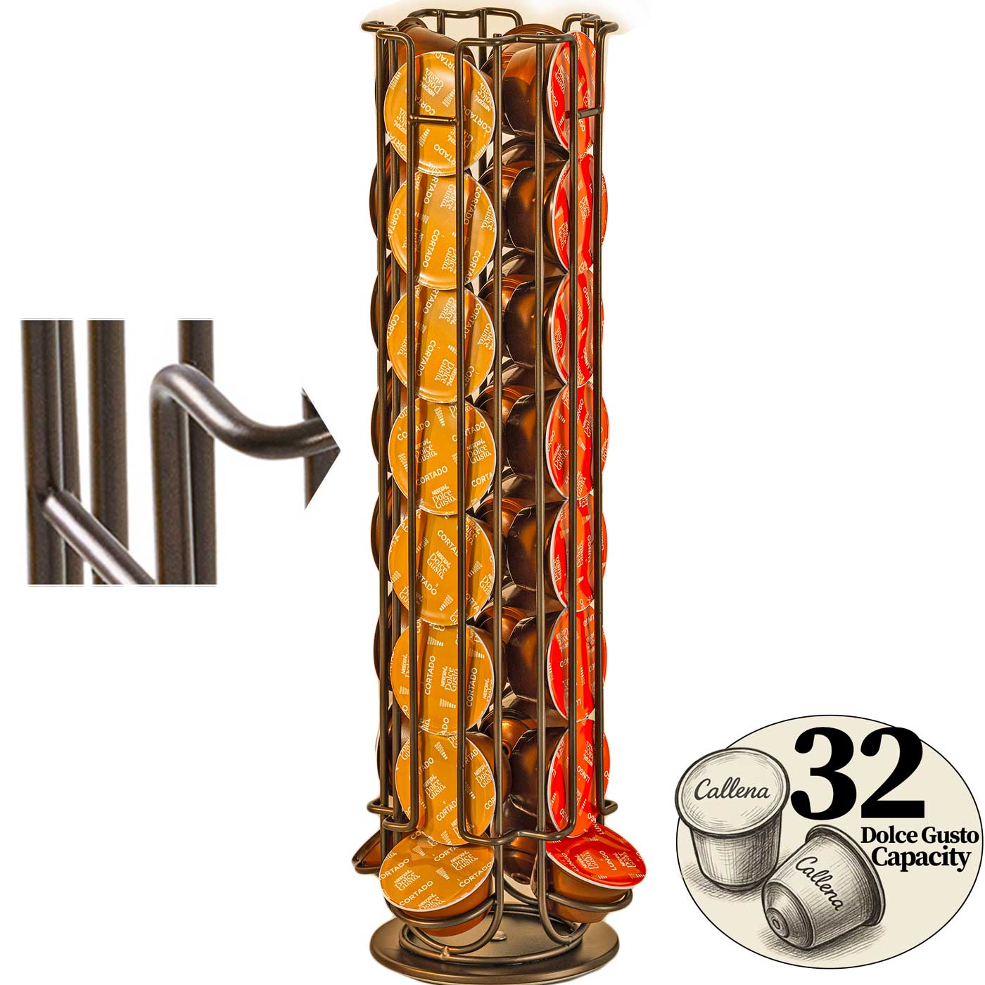 Suport 32 capsule cafea Dolce Gusto, otel, vertical, bronz, 42x11 cm, Callena