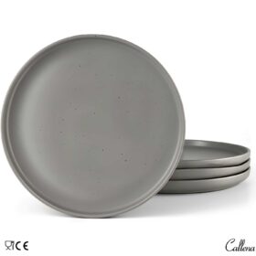 Set 4 farfurii intinse, farfurii ceramica simple, 19 cm, gri inchis cu puncte negre, Callena Nordic Simplicity