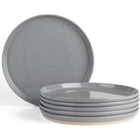 Set 4 farfurii intinse, farfurii ceramica, 27 cm, gri inchis cu puncte negre si baza mata, Callena Saturn