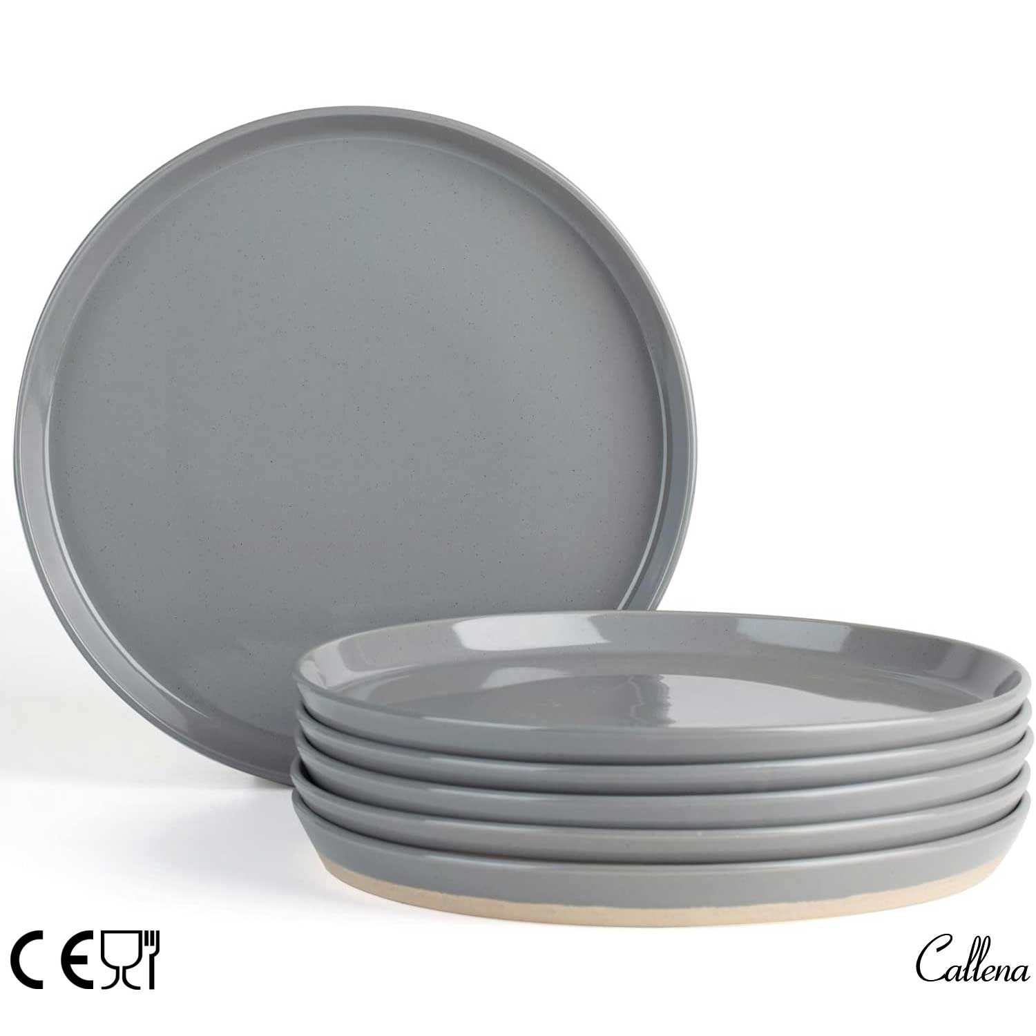 Set 4 farfurii intinse, ceramica, 20 cm, mix culori puncte negre si baza mata, Callena Saturn Set 4 farfurii intinse, ceramica, 27 cm, gri inchis cu puncte negre si baza mata, Callena Saturn