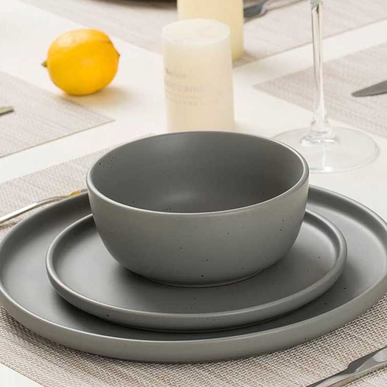 Set 4 farfurii adanci, farfurii ceramica, 14x6cm,  gri inchis cu puncte negre, Callena Nordic Simplicity