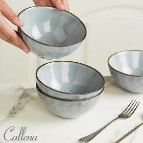 Set 4 boluri 700ml, ceramica,  castroane ciorba, supa, albastru cu margini maro-aurii, vintage, Callena Belle Époque