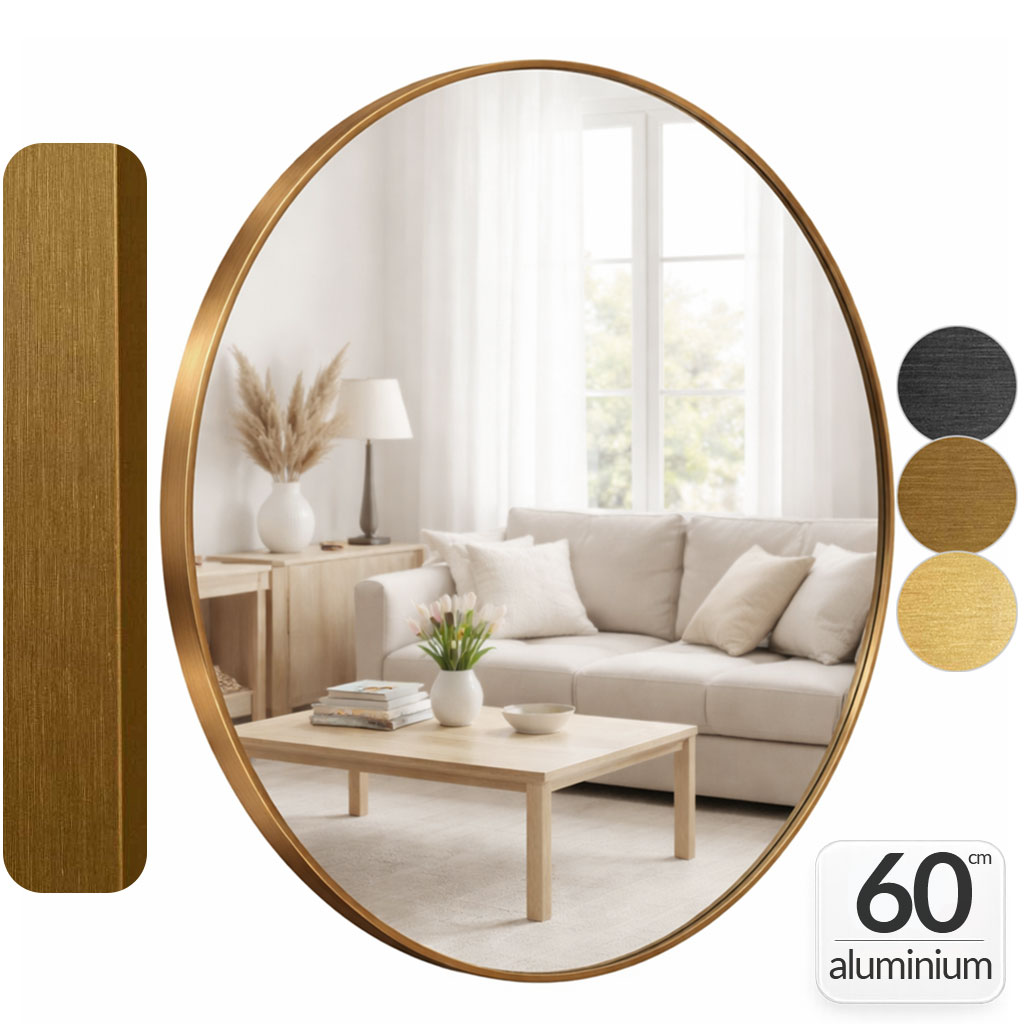 Oglinda rotunda 60cm, cu rama Bronz, oglinda de perete, decorativa, pentru hol, sufragerie, living, baie, din aluminiu, Callena