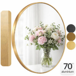 Oglinda rotunda 70cm, cu rama Aurie, oglinda de perete, decorativa, pentru hol, sufragerie, living baie, din aluminiu, Callena