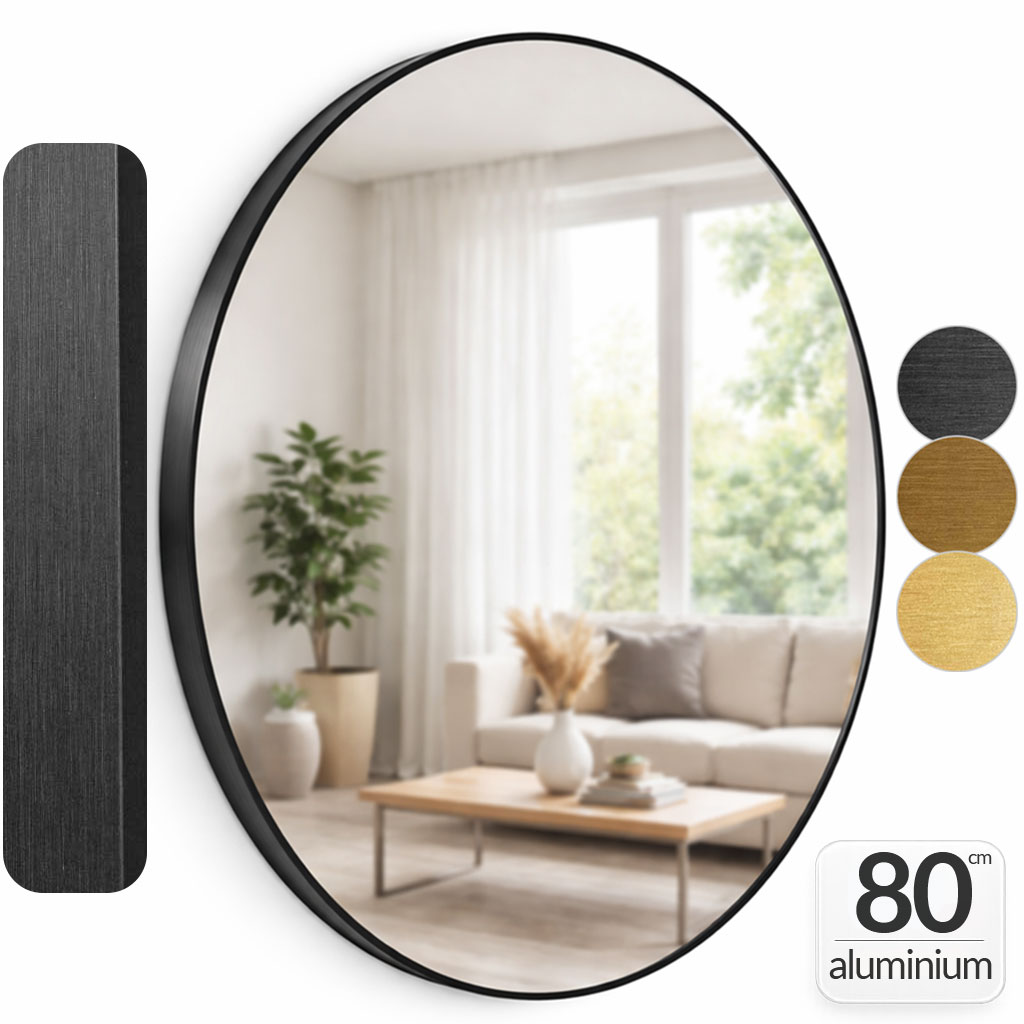 Oglinda rotunda 80cm, cu rama Neagra, oglinda de perete, decorativa, pentru hol, sufragerie, living baie, din aluminiu, Callena