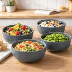 Alternative view of Set 4 boluri ceramica, castroane ciorba, supa, 14x6cm, 510ml, antracit-albastru cu puncte negre, Callena Nordic Simplicity