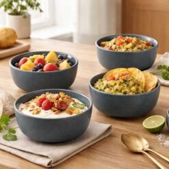 Set 4 boluri ceramica, castroane ciorba, supa, 14x6cm, 510ml, antracit-albastru cu puncte negre, Callena Nordic Simplicity