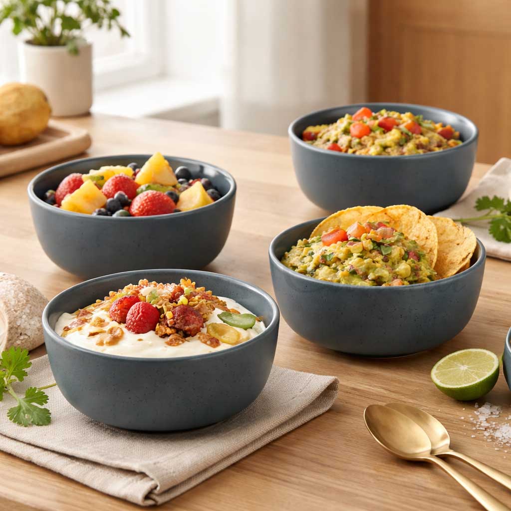 Set 4 farfurii adanci, farfurii ceramica, 14x6cm, albastru inchis cu puncte negre, Callena Nordic Simplicity