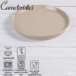 Set 4 farfurii intinse, ceramica, 20 cm, cafeniu deschis cu puncte negre si baza mata, Callena Saturn