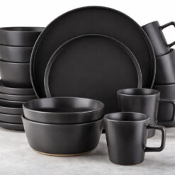 Set vesela, serviciu de masa cu 16 farfurii, boluri si cani din ceramica, set farfurii negre, moderne, Callena Nordic Style