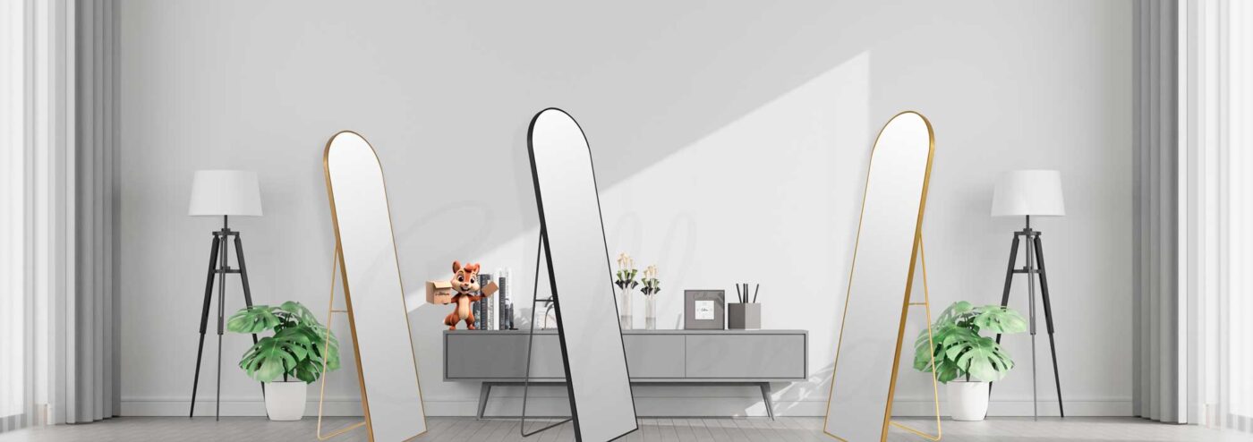 Oglinda 150x40cm de podea/perete, bronz metalizat, cu suport, cu picior, aluminiu, Callena