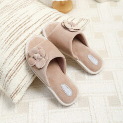 Alternative view of Papuci dama pentru interior, catifelati, cu floare si talpa moale, maro, Callena