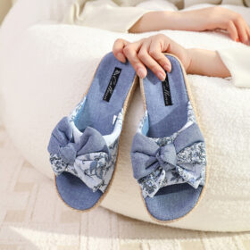 Papuci dama casual, eleganti, comozi, papuci de casa, eleganti, cu fundita florala, albastru, Callena