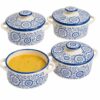 Set 4 boluri supa cu capac, castron cu maner, pentru supa, ciorba, albastru, din ceramica, 13x6.5cm, 600ml, Callena