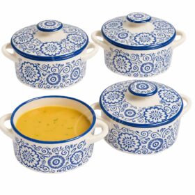 Set 4 boluri supa cu capac, castron cu maner, pentru supa, ciorba, albastru, din ceramica, 13x6.5cm, 600ml, Callena