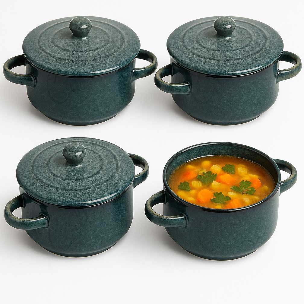 Set 4 boluri supa cu capac, castron cu maner, pentru supa, ciorba, albastrui-verde, din ceramica, 14x8cm, 700ml, Callena