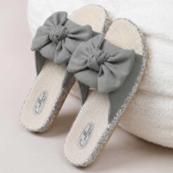 Papuci dama casual, eleganti, comozi, papuci de casa, eleganti, cu fundita simpla si model floral, gri, Callena