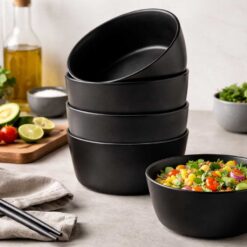 Set 4 farfurii adanci negre din ceramica, 14x6.5 cm, stil nordic, Callena Nordic Style