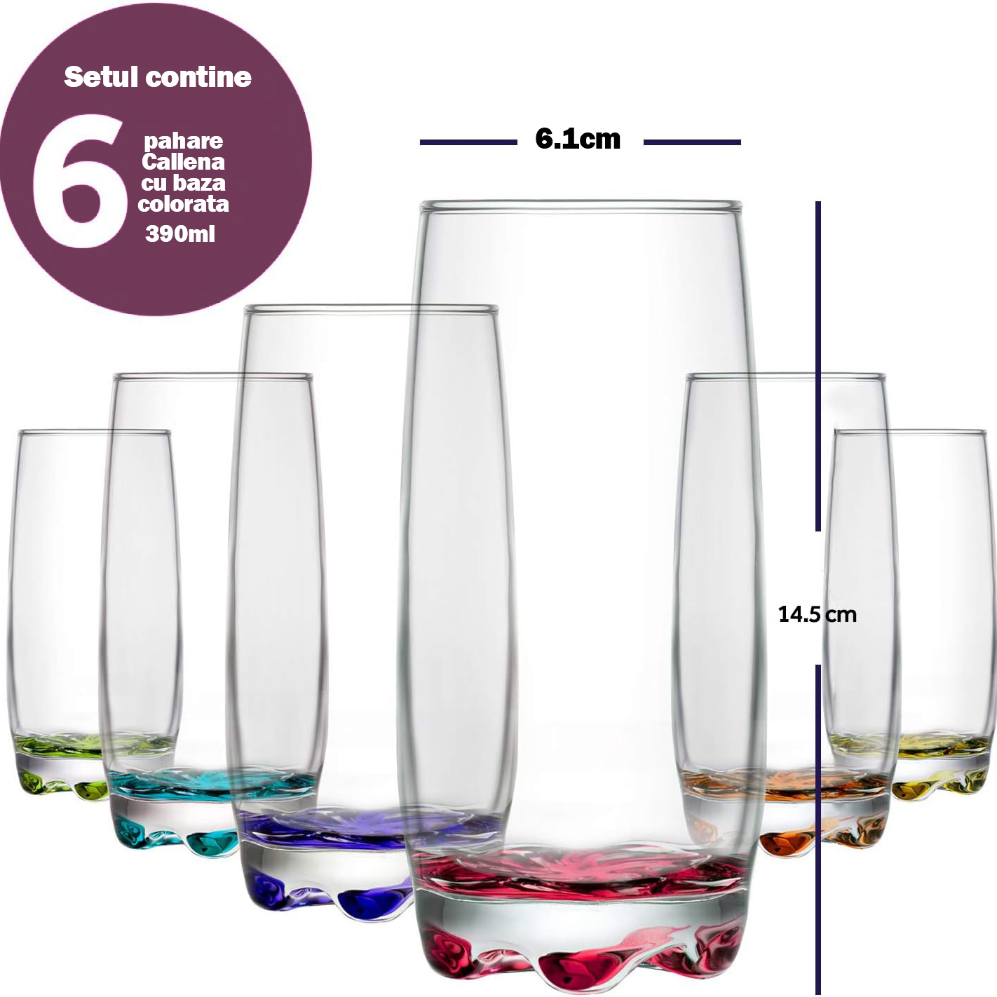 Set 6 pahare apa, inalte, cu baza colorata, 390ml Set 6 pahare apa, inalte, cu baza colorata, 390ml - imagine 2